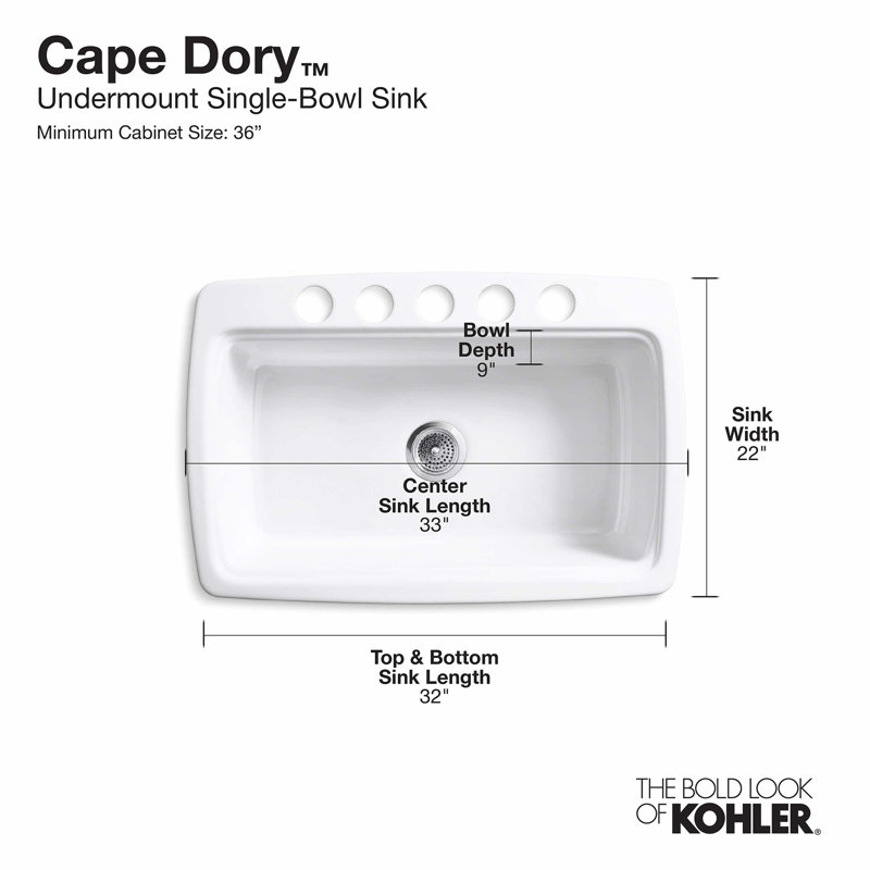 K58645U0 Kohler Cape Dory® 33" L x 22" W x 95/8" UnderMount Single